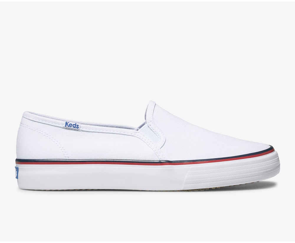 Slip Ons Keds Mujer Blancos - Washable Double Decker Varsity - 6841-HPGMD